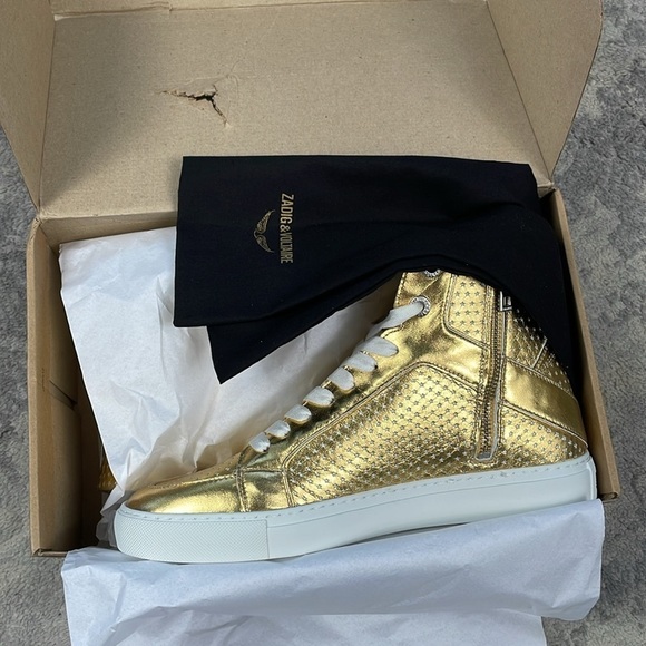NIB Zadig & Voltaire High Flash Vintage Metal Perforated Stars Sneakers Gold 41 - Picture 5 of 16